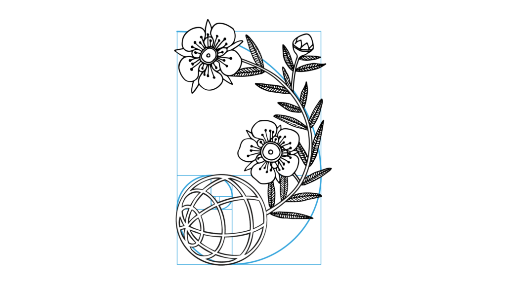 draft design of the Left of the Equator logo laid over a grid of the golden ratio