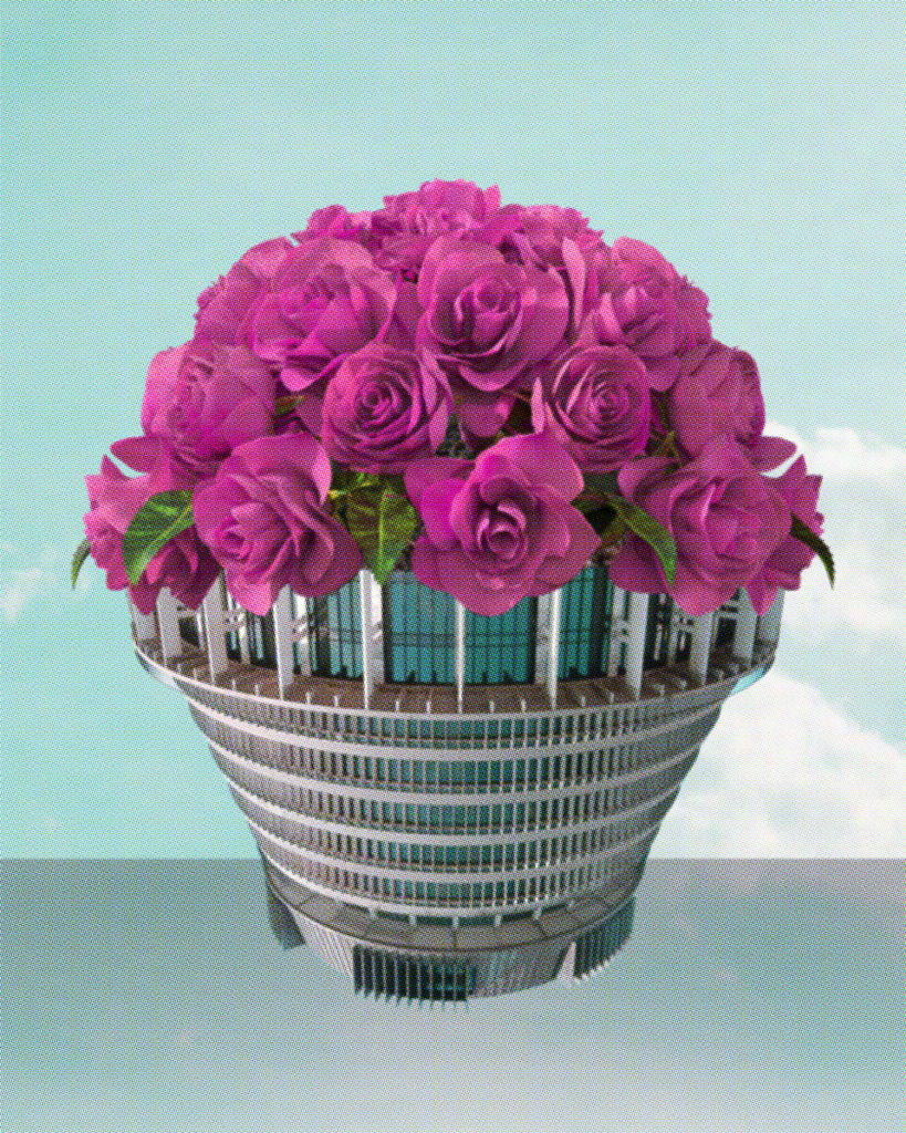 A collage showing the New Zealand government building The Beehive turned upside-down and used as a flowerpot, filled with pink roses. 