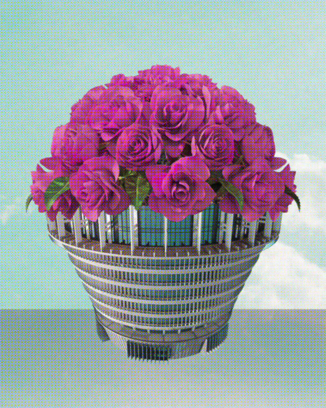A collage showing the New Zealand government building The Beehive turned upside-down and used as a flowerpot, filled with pink roses.