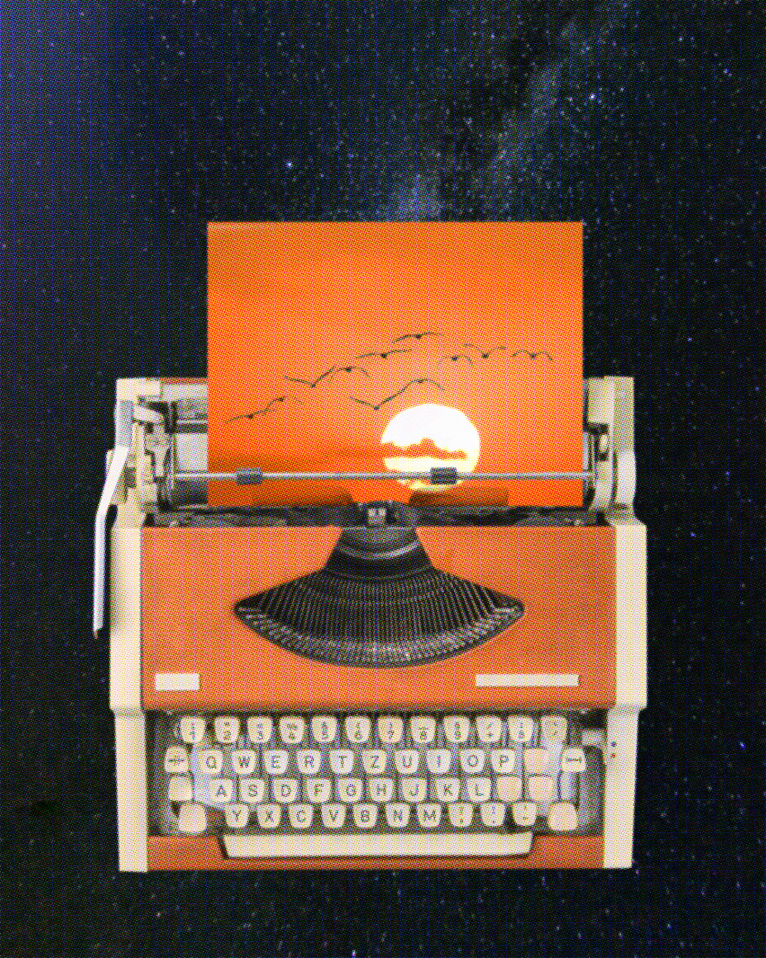 A vintage orange typewriter with yellowing keys floating in the milkyway. A sheet of paper inserted in the typewriter shows a sunrise with silhouettes of birds flying into the distance. 