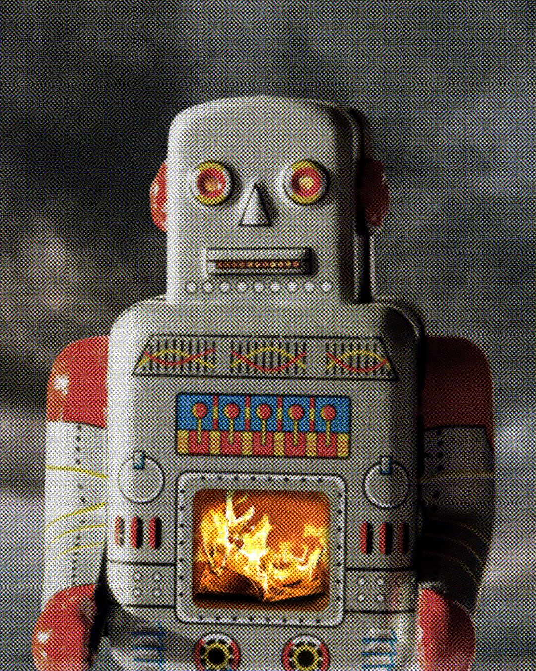 A tin robot against a stormy sky. The robot’s belly is a furnace with a book burning inside it. Flames are visible in the robot’s mouth and eyes. 