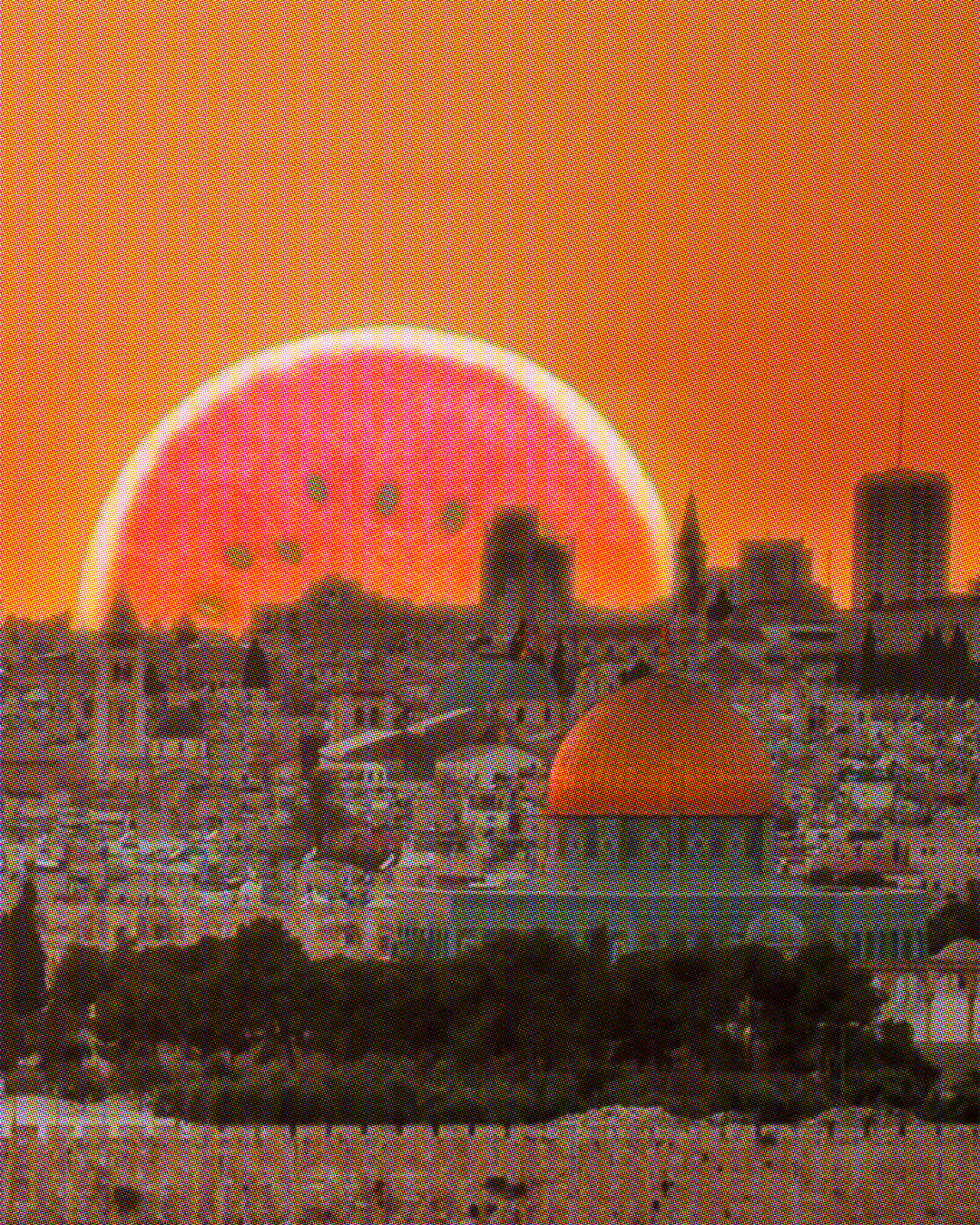 A giant sun sits on the horizon, bathing the Al-Aqsa mosque and surrounding area with warm pink-orange light. The sun is a half watermelon, with fruit, seeds and rind visible. 
