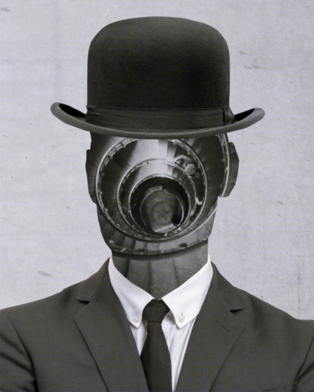 A person wearing a suit and bowler hat. Where the face should be there is instead a spiral staircase, viewed from above.