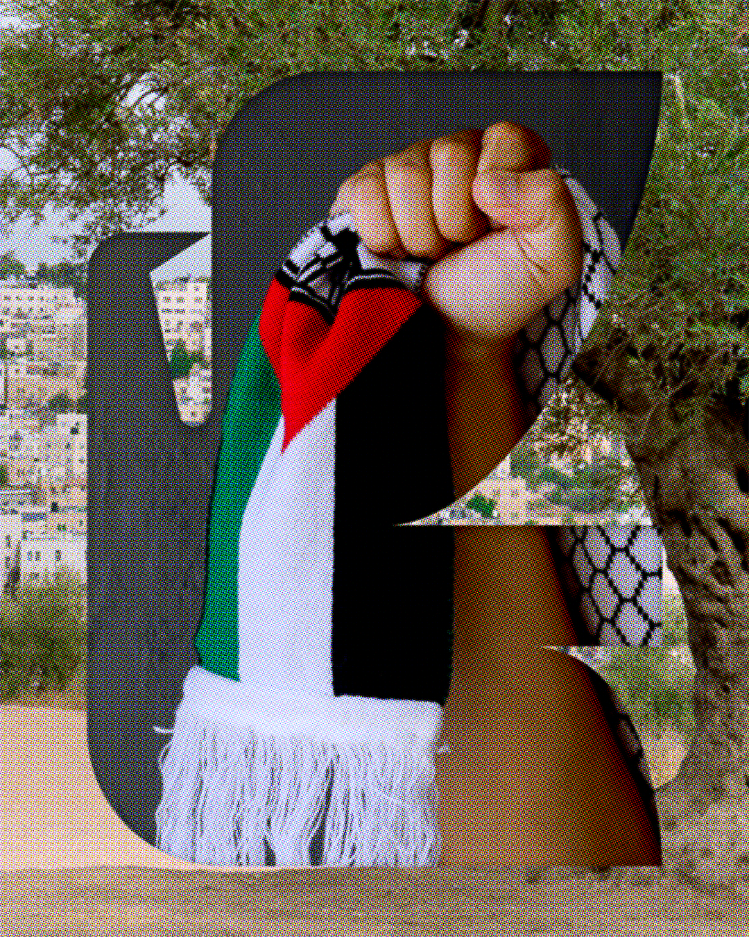 Inside the outline of a dove: a fist holding a scarf with kuffiyeh and Palestine flag designs. In the background an ancient olive tree frames a view of the Palestinian city of Hebron.
